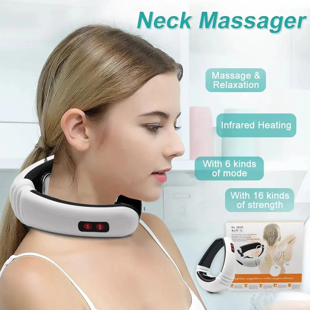 3D Electric Neck Massager - Portable 6 Modes Adjustable 15 Speeds Cordless Deep Tissue Trigger Point Neck Pain Relief Massager with Pulse Pads